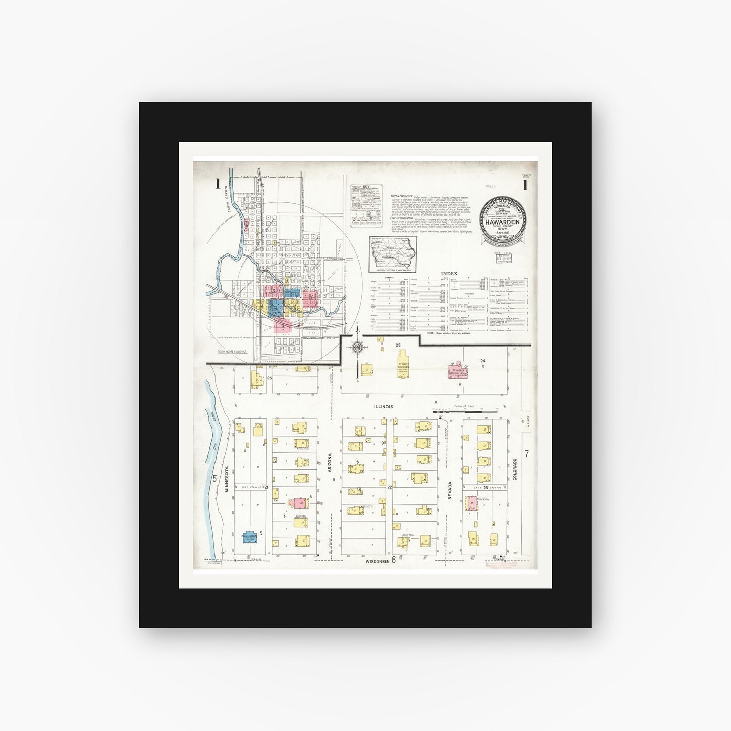 Old map wall art mockup — black gallery frame with white mat — Sanborn Fire Insurance Map from Hawarden, Sioux County, Iowa (1924) — Complete Set