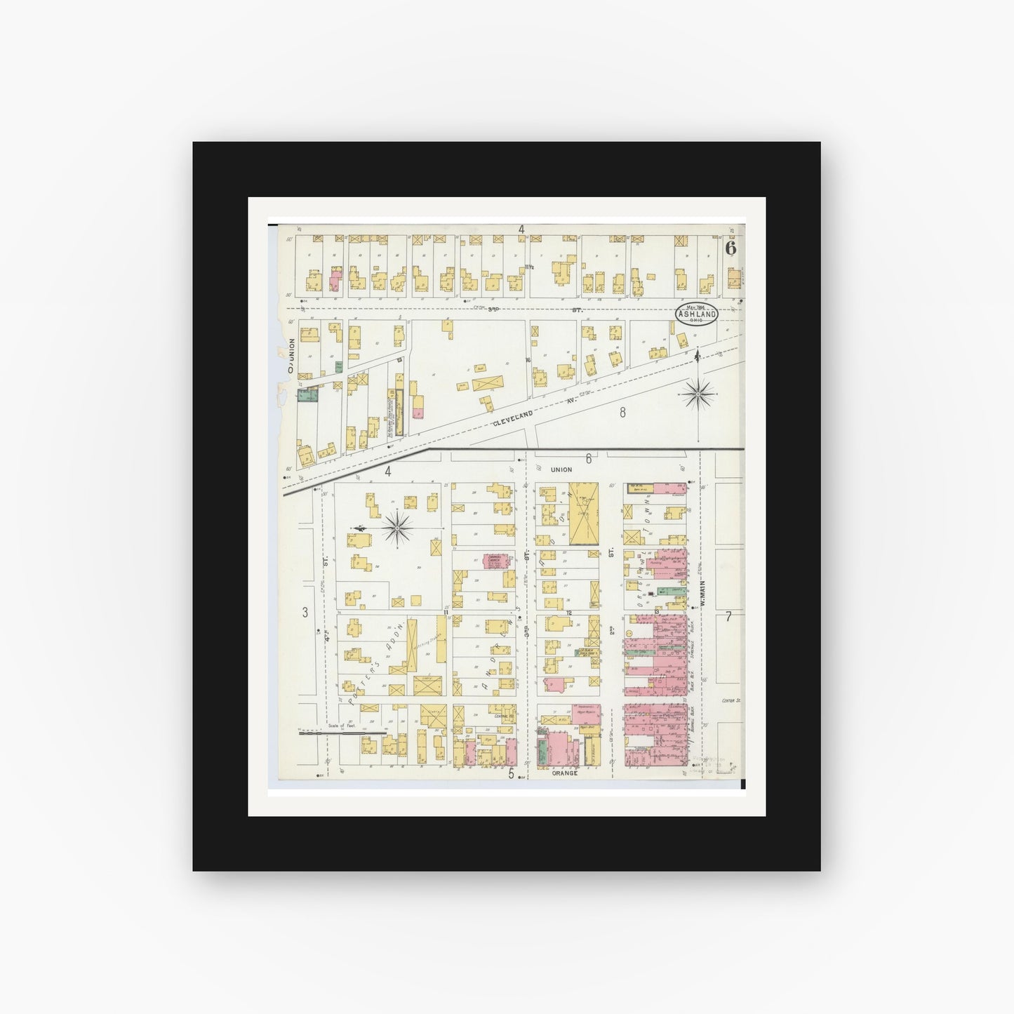 Old map wall art mockup — black gallery frame with white mat — Sanborn Fire Insurance Map from Ashland, Ashland County, Ohio (1904), Sheet #0006