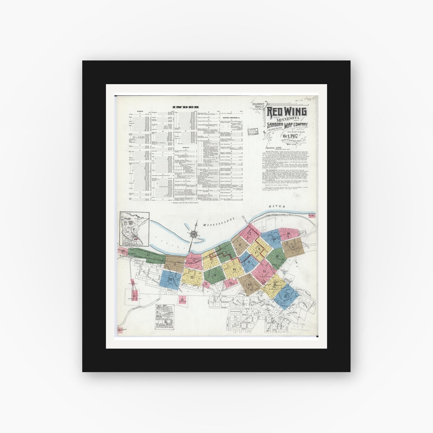 Old map wall art mockup — black gallery frame with white mat — Sanborn Fire Insurance Map from Red Wing, Goodhue County, Minnesota (1917) - Complete Map Set