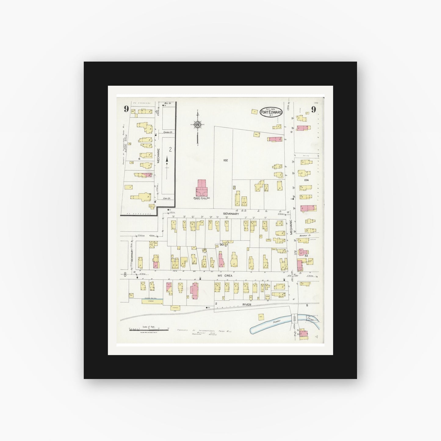 Old map wall art mockup — black gallery frame with white mat — Sanborn Fire Insurance Map from Fort Edward, Washington County, New York (1924), Sheet #0009