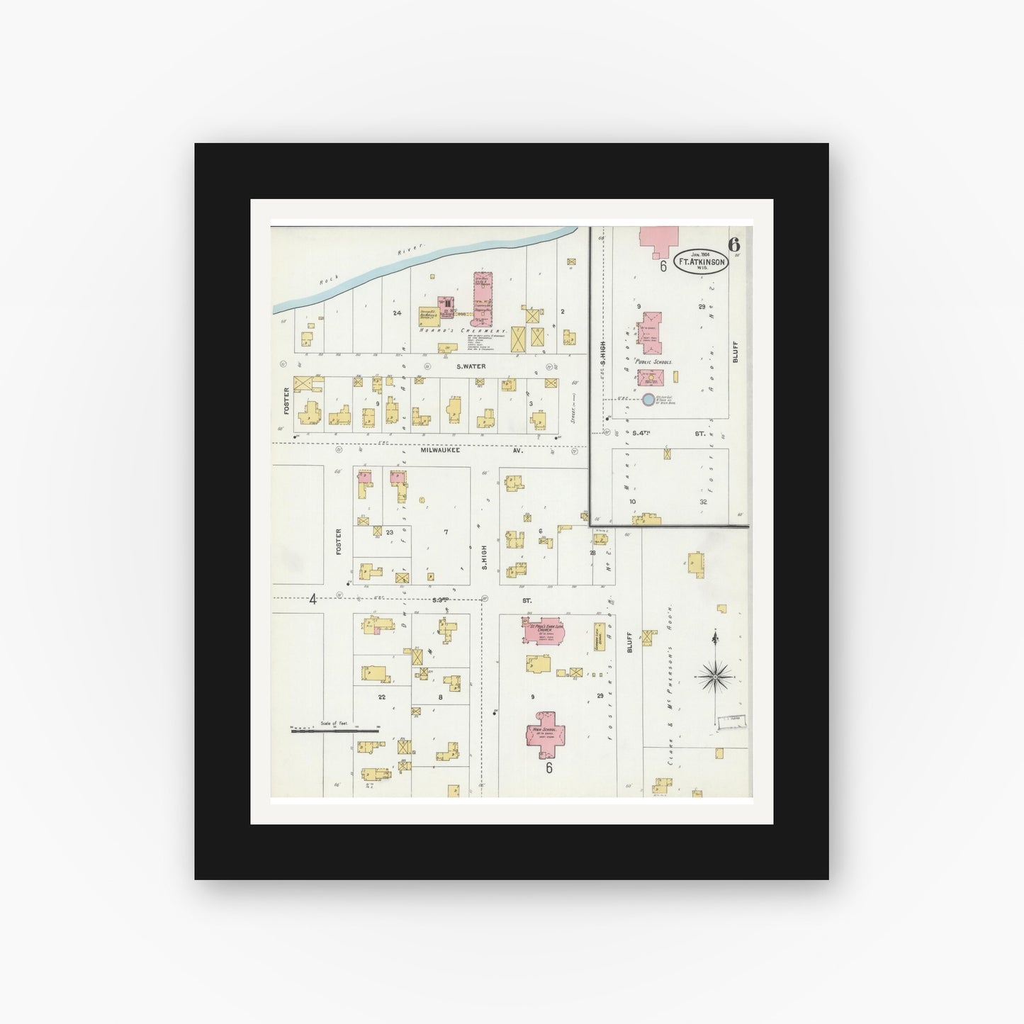 Old map wall art mockup — black gallery frame with white mat — Sanborn Fire Insurance Map from Fort Atkinson, Jefferson County, Wisconsin (1904), Sheet #0006