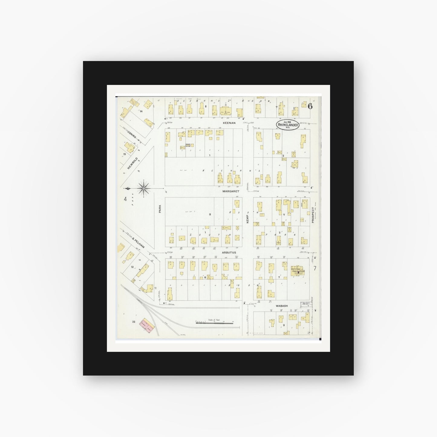 Old map wall art mockup — black gallery frame with white mat — Sanborn Fire Insurance Map from Rhinelander, Oneida County, Wisconsin (1908), Sheet #0006