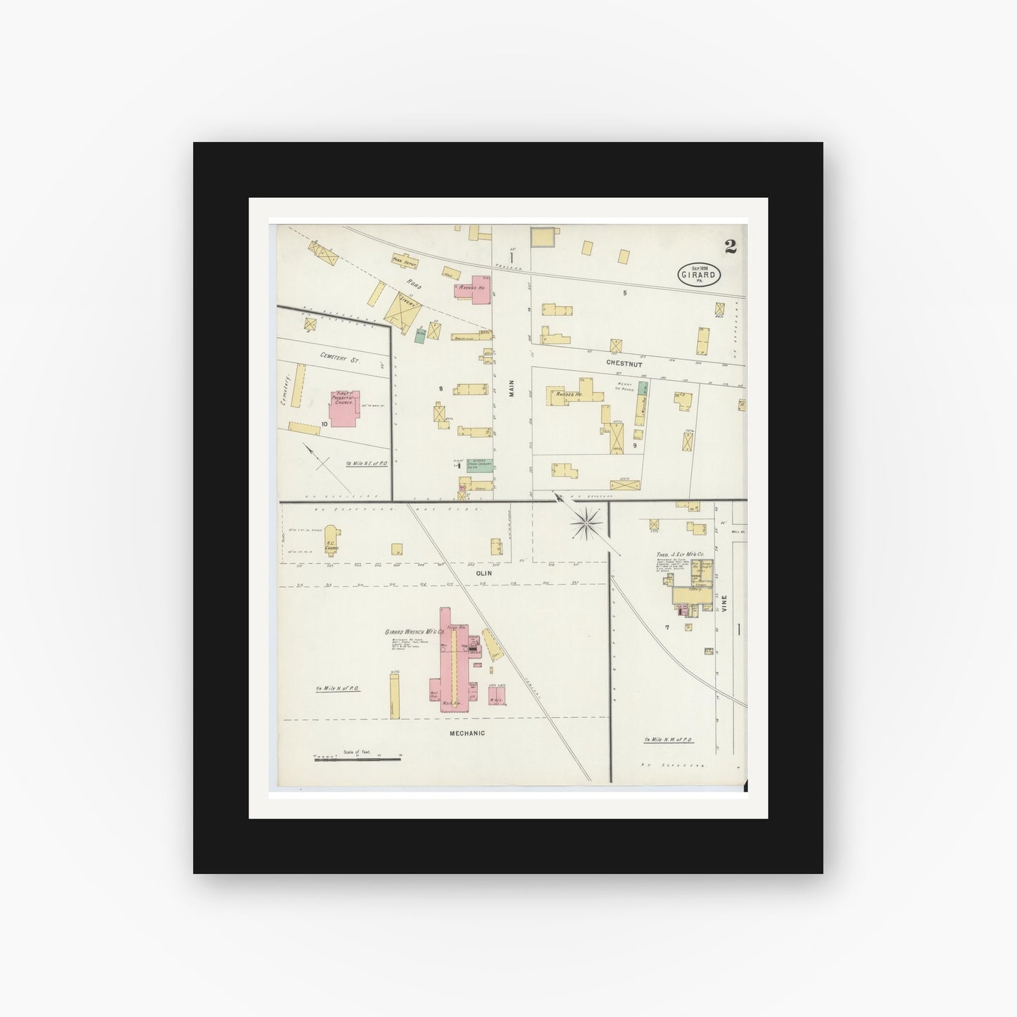 Old map wall art mockup — black gallery frame with white mat — Sanborn Fire Insurance Map from Girard, Erie County, Pennsylvania (1898), Sheet #0002
