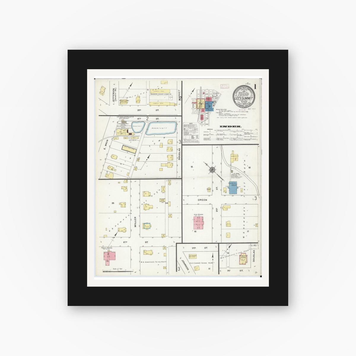 Old map wall art mockup — black gallery frame with white mat — Sanborn Fire Insurance Map from Lee's Summit, Jackson County, Missouri (1909) - Complete Map Set