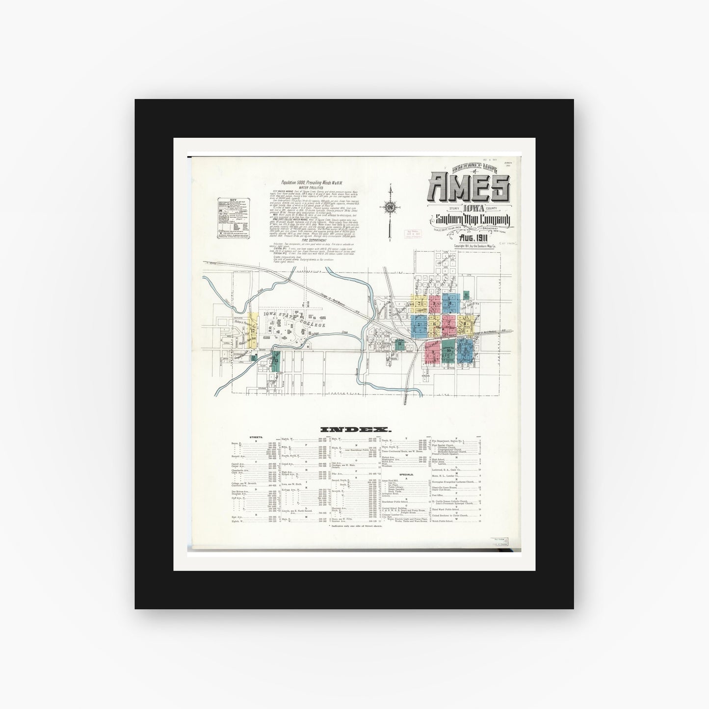 Old map wall art mockup — black gallery frame with white mat — Sanborn Fire Insurance Map from Ames, Story County, Iowa (1911) — Complete Set