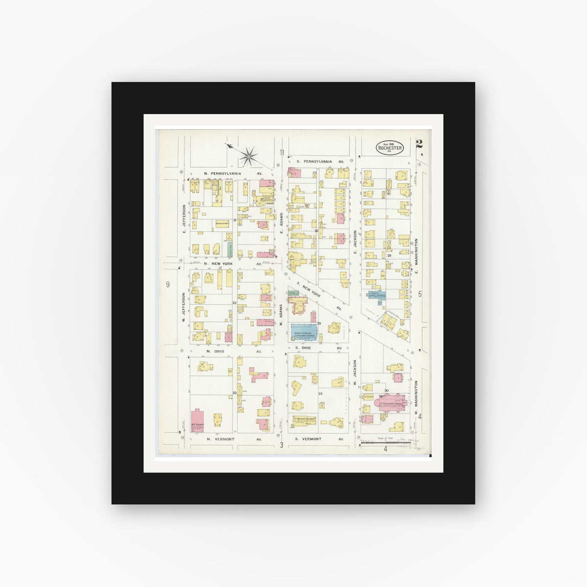 Old map wall art mockup — black gallery frame with white mat — Sanborn Fire Insurance Map from Rochester, Beaver County, Pennsylvania (1908), Sheet #0002