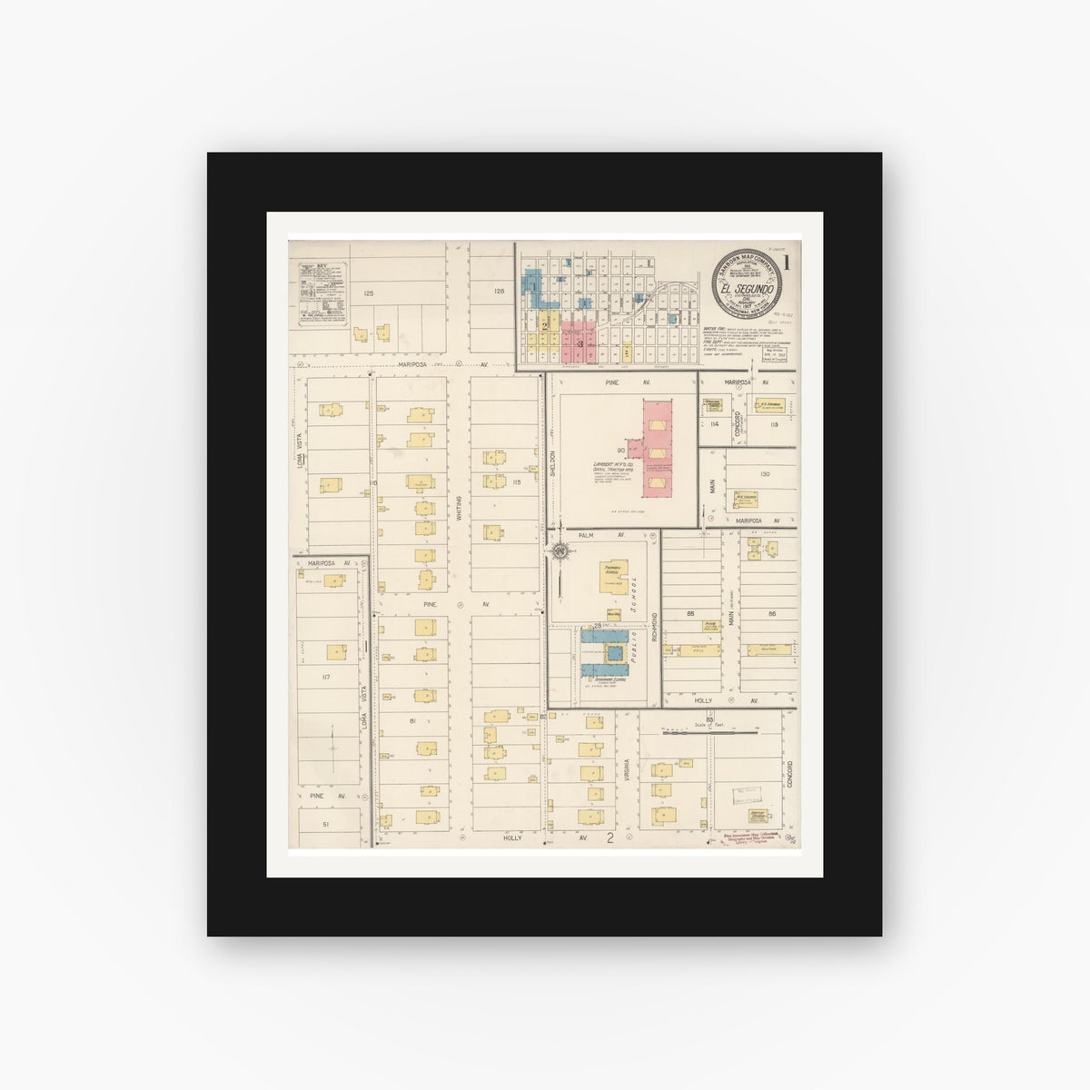 Old map wall art mockup — black gallery frame with white mat — Sanborn Fire Insurance Map from El Segundo, Los Angeles County, California (1917) - Complete Map Set