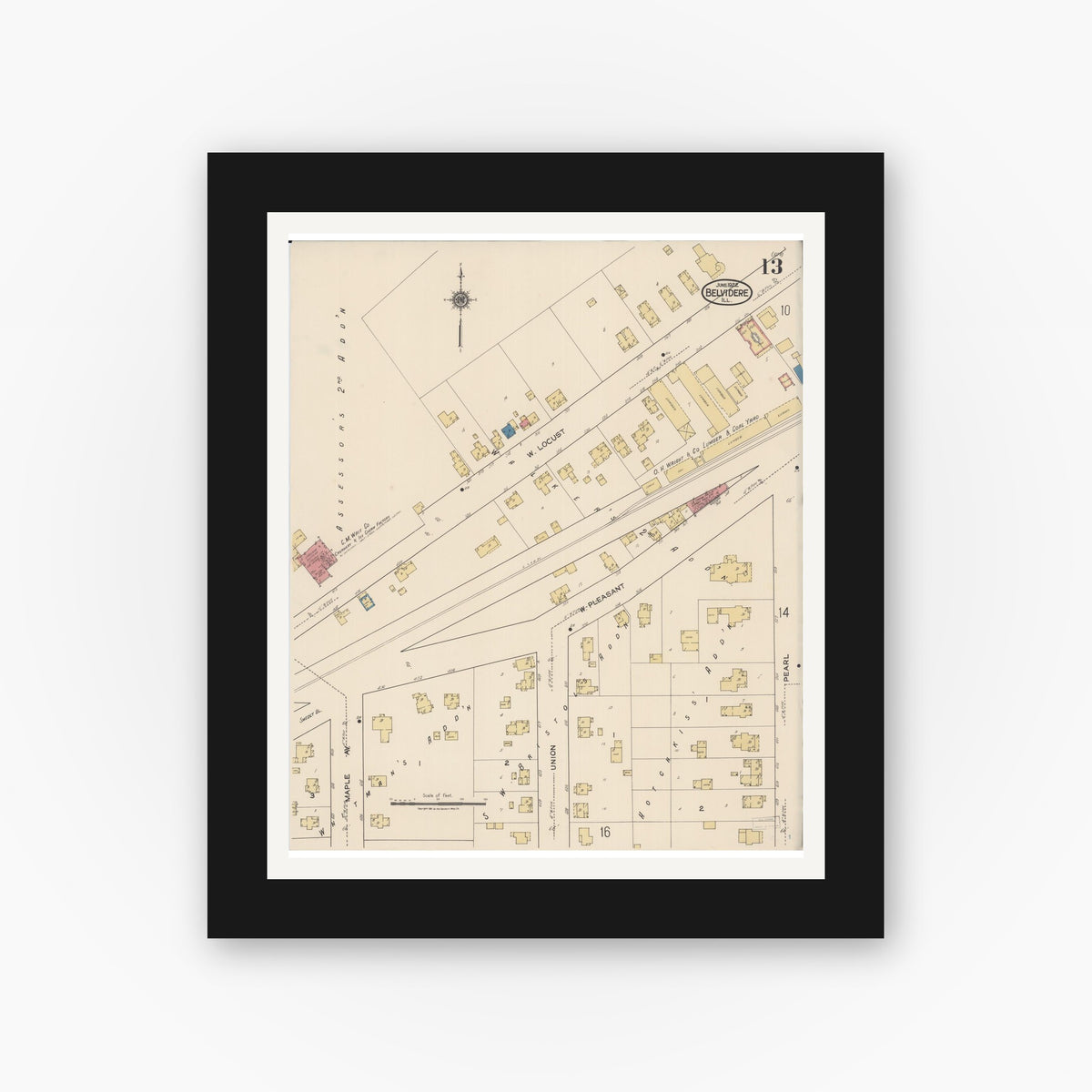 Old map wall art mockup — black gallery frame with white mat — Sanborn Fire Insurance Map from Belvidere, Boone County, Illinois (1922), Sheet #0013