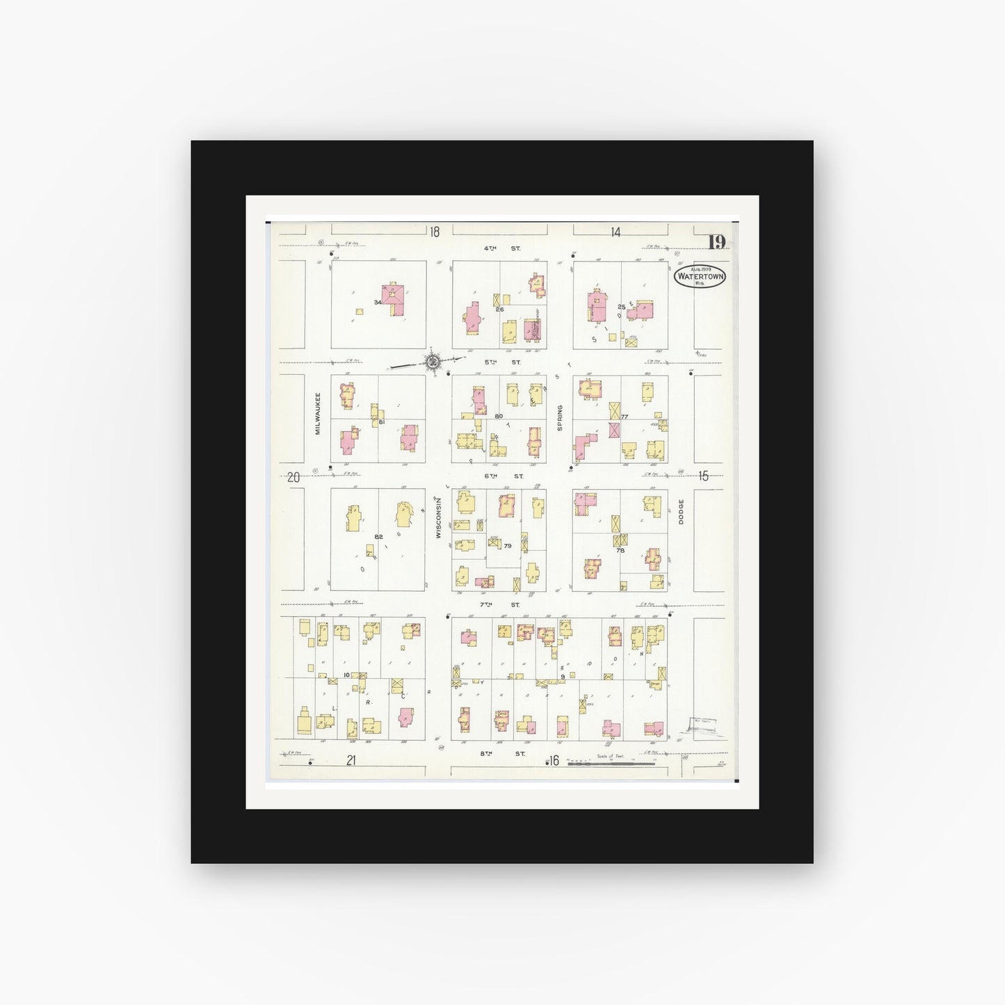 Old map wall art mockup — black gallery frame with white mat — Sanborn Fire Insurance Map from Watertown, Jefferson County, Wisconsin (1909), Sheet #0019