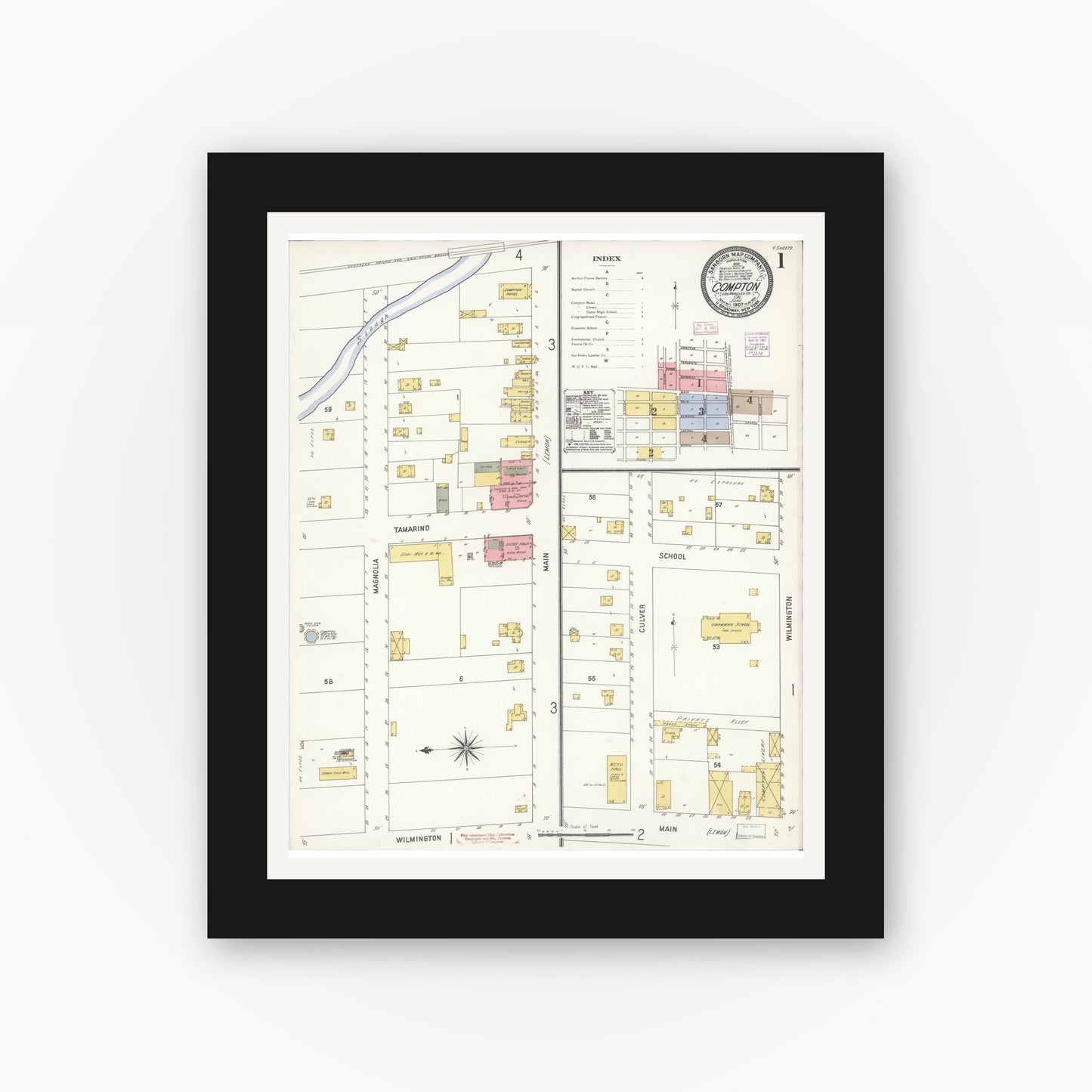 Old map wall art mockup — black gallery frame with white mat — Sanborn Fire Insurance Map from Compton, Los Angeles County, California (1907) - Complete Map Set