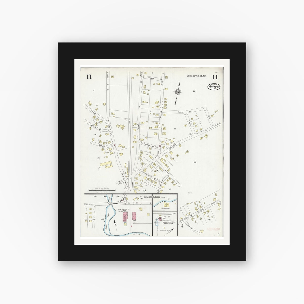 Old map wall art mockup — black gallery frame with white mat — Sanborn Fire Insurance Map from Maynard, Middlesex County, Massachusetts (1924), Sheet #0011
