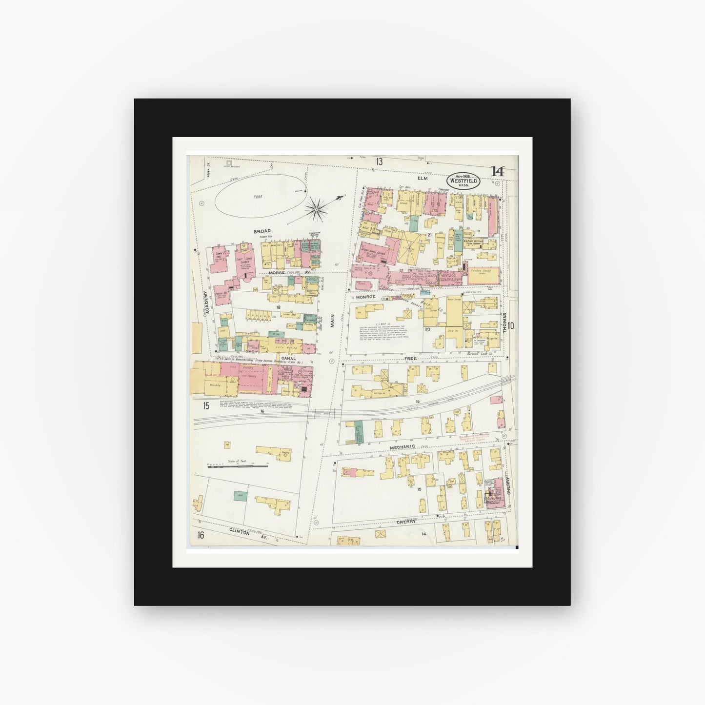 Old map wall art mockup — black gallery frame with white mat — Sanborn Fire Insurance Map from Westfield, Hampden County, Massachusetts (1905), Sheet #0014