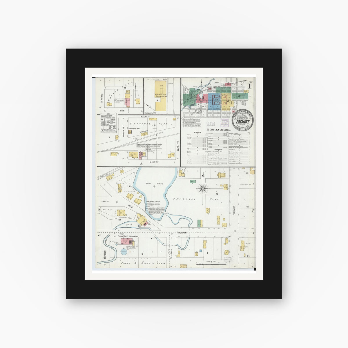 Old map wall art mockup — black gallery frame with white mat — Sanborn Fire Insurance Map from Fremont, Newaygo County, Michigan (1904) - Complete Map Set