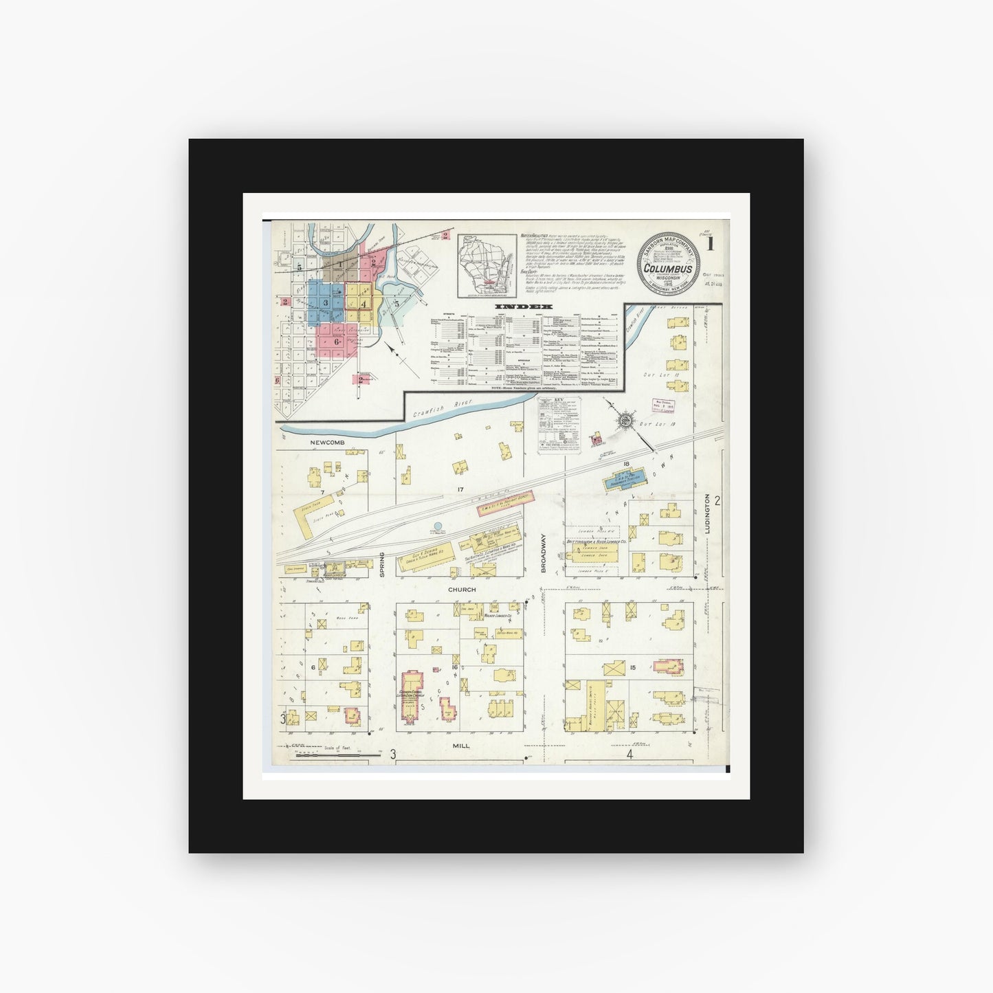 Old map wall art mockup — black gallery frame with white mat — Sanborn Fire Insurance Map from Columbus, Columbia and Dodge County, Wisconsin (1915), Sheet #0001