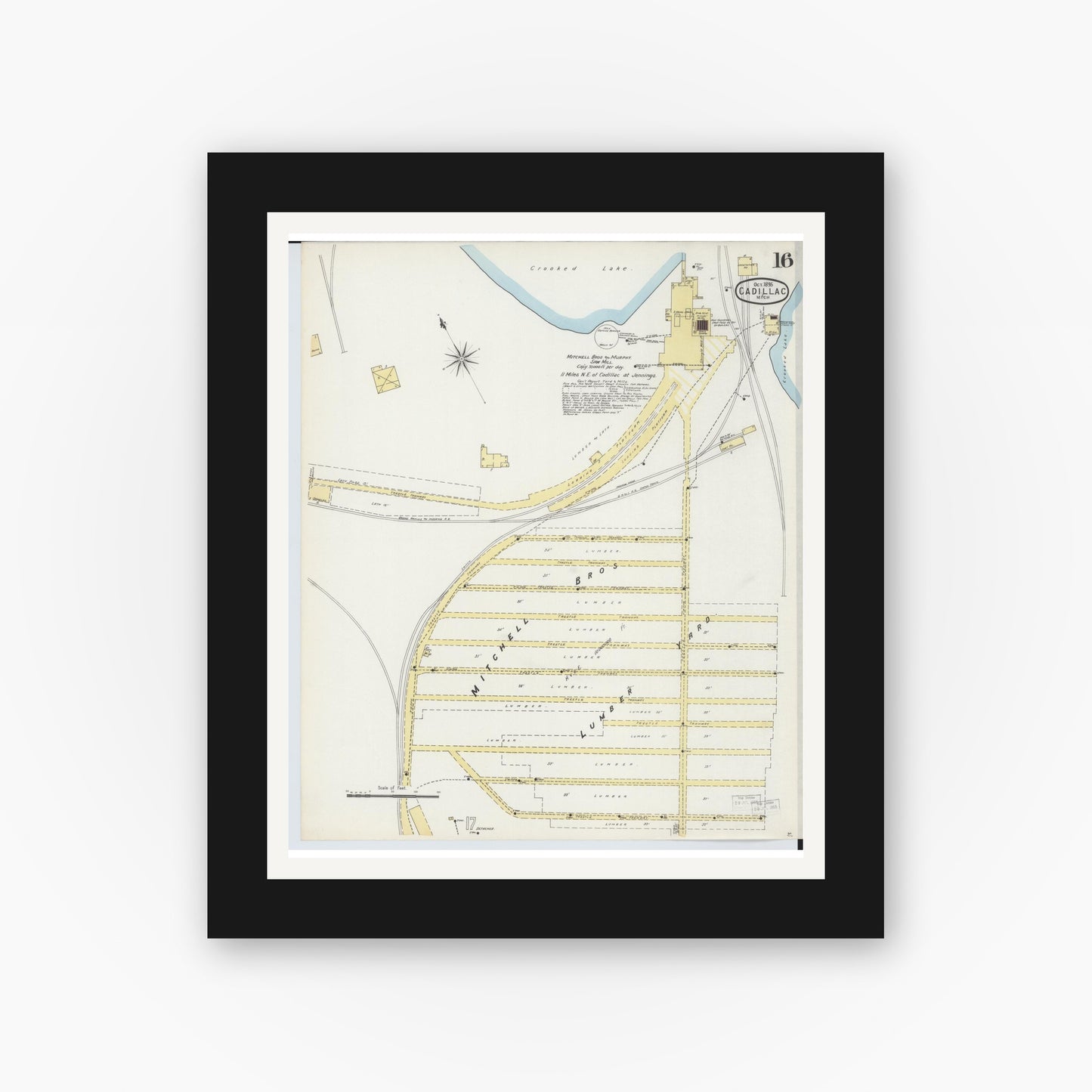 Old map wall art mockup — black gallery frame with white mat — Sanborn Fire Insurance Map from Cadillac, Wexford County, Michigan (1895), Sheet #0016