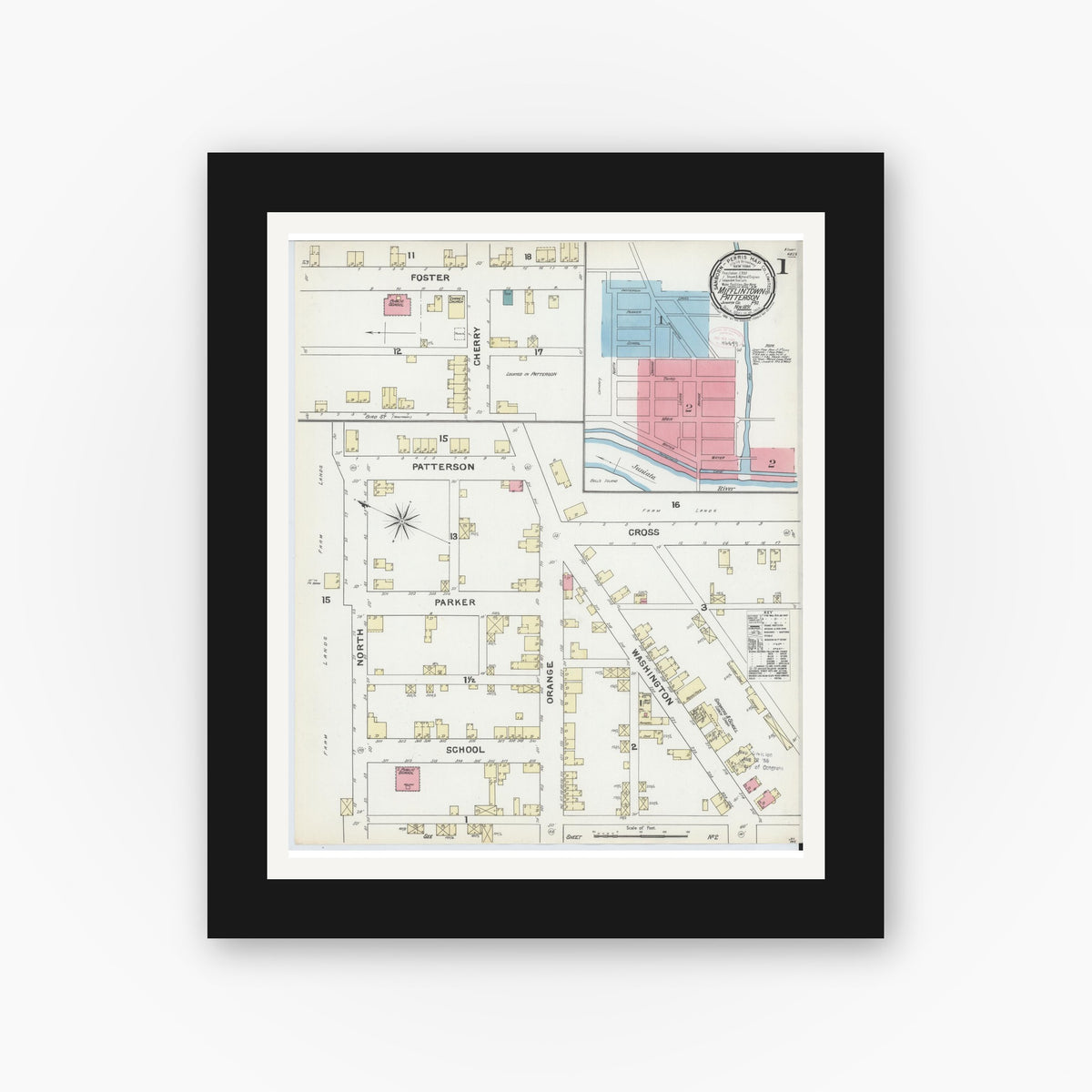 Old map wall art mockup — black gallery frame with white mat — Sanborn Fire Insurance Map from Mifflintown, Juniata County, Pennsylvania (1891) - Complete Map Set