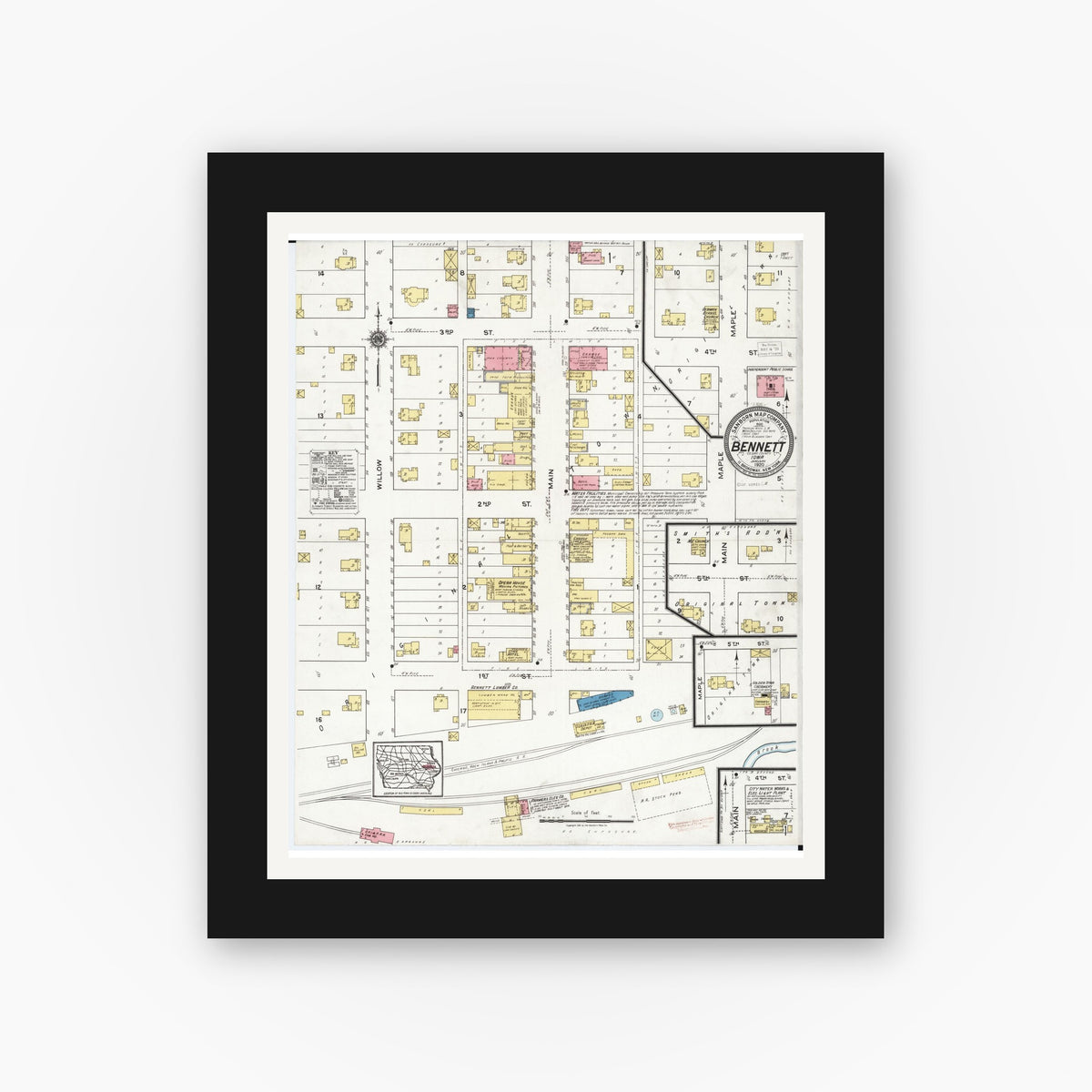 Old map wall art mockup — black gallery frame with white mat — Sanborn Fire Insurance Map from Bennett, Cedar County, Iowa (1920), Sheet #0001