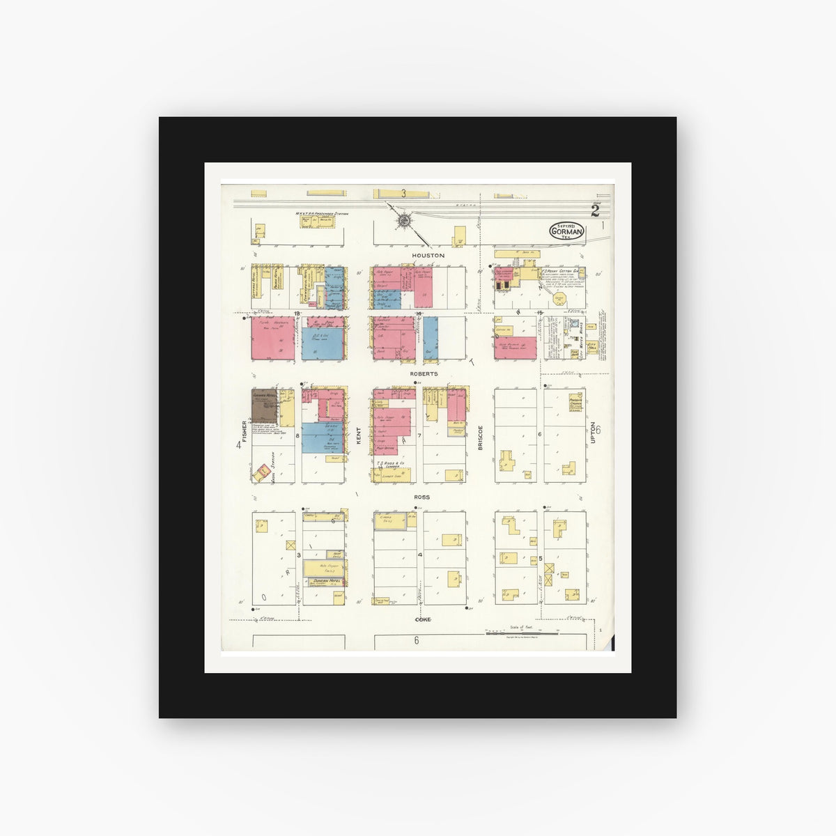 Old map wall art mockup — black gallery frame with white mat — Sanborn Fire Insurance Map from Gorman, Eastland County, Texas (1921), Sheet #0002