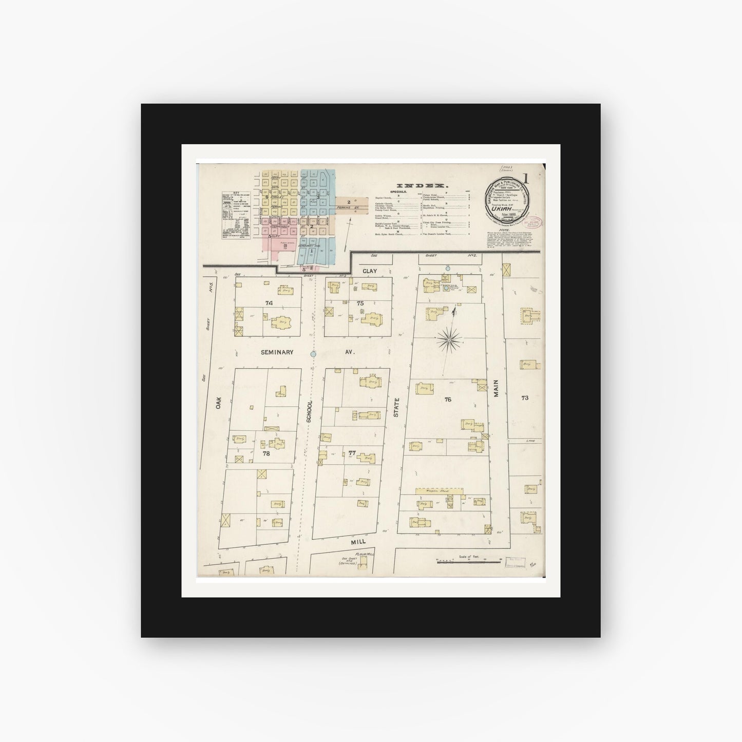 Old map wall art mockup — black gallery frame with white mat — Sanborn Fire Insurance Map from Ukiah, Mendocino County, California (1888) - Complete Map Set