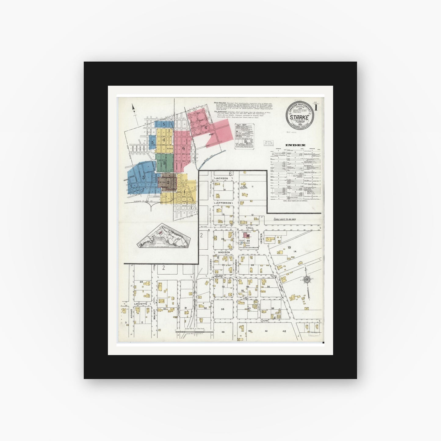 Old map wall art mockup — black gallery frame with white mat — Sanborn Fire Insurance Map from Starke, Bradford County, Florida (1920) - Complete Map Set