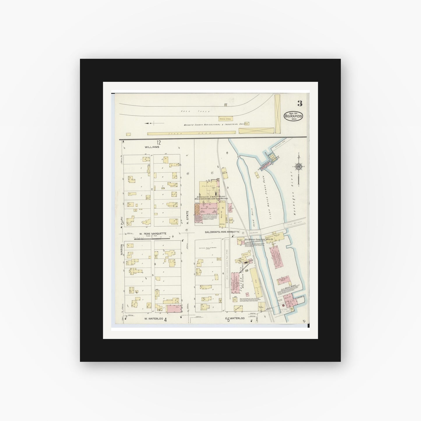 Old map wall art mockup — black gallery frame with white mat — Sanborn Fire Insurance Map from Big Rapids, Mecosta County, Michigan (1914), Sheet #0003