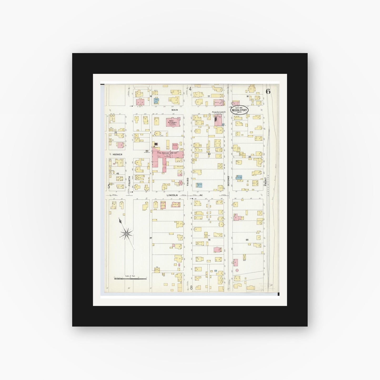 Old map wall art mockup — black gallery frame with white mat — Sanborn Fire Insurance Map from Middleport, Meigs County, Ohio (1908), Sheet #0006