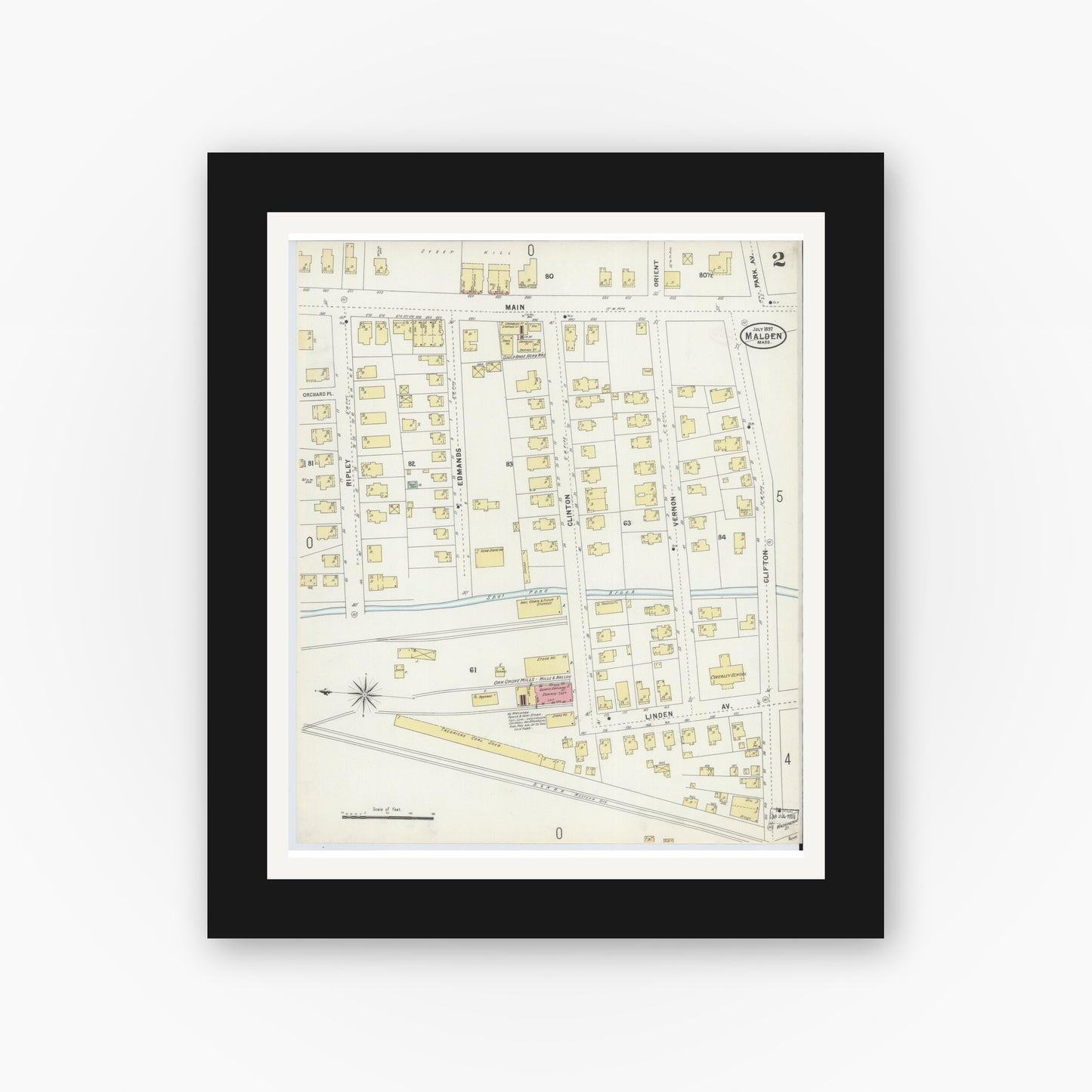 Old map wall art mockup — black gallery frame with white mat — Sanborn Fire Insurance Map from Malden, Middlesex County, Massachusetts (1897), Sheet #0002