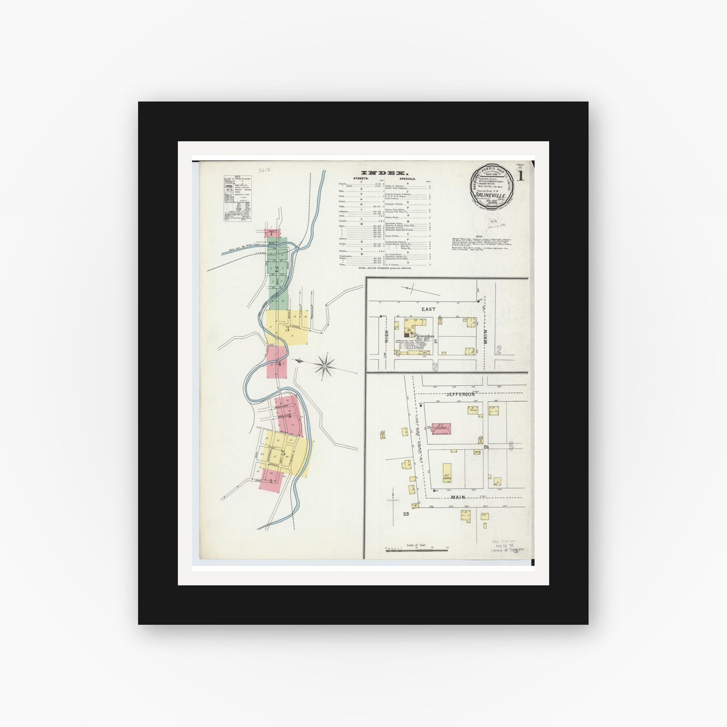 Old map wall art mockup — black gallery frame with white mat — Sanborn Fire Insurance Map from Salineville, Columbiana County, Ohio (1895) - Complete Map Set