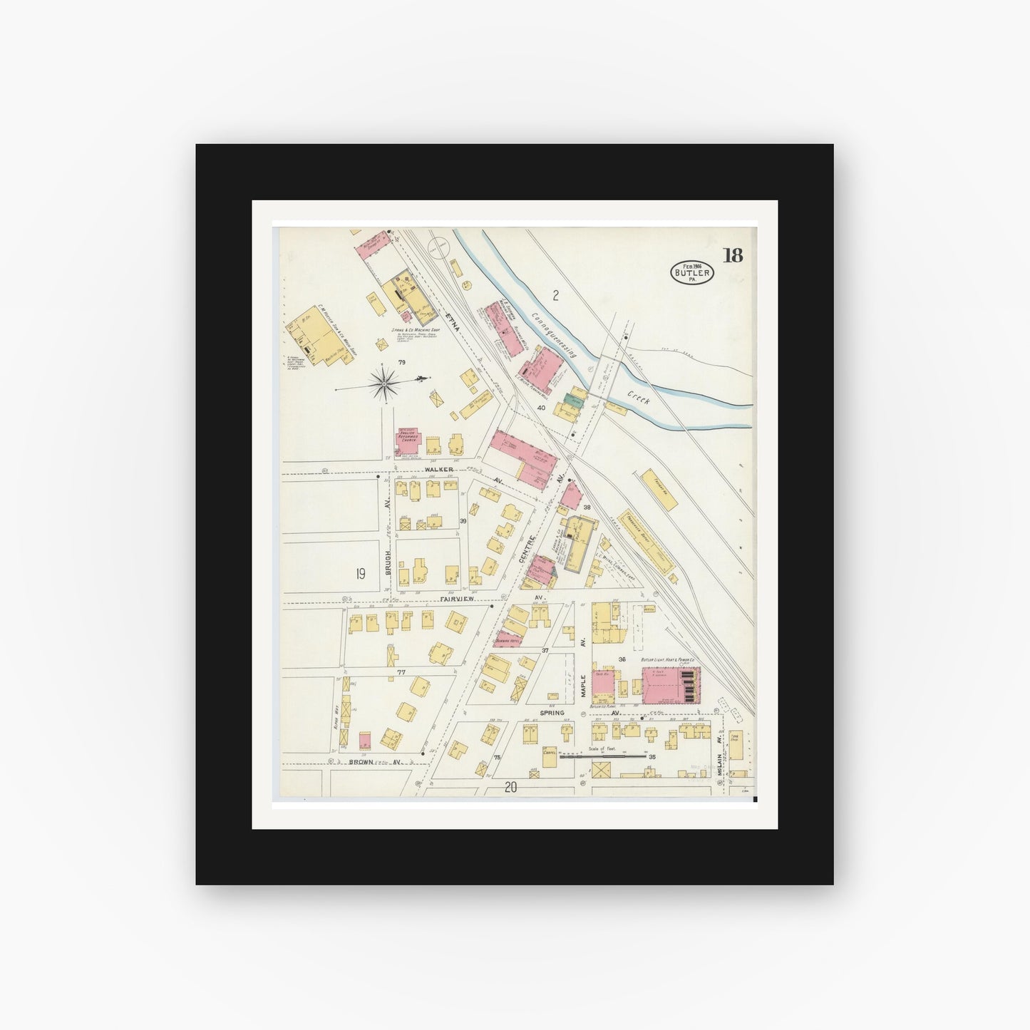 Old map wall art mockup — black gallery frame with white mat — Sanborn Fire Insurance Map from Butler, Butler County, Pennsylvania (1906), Sheet #0018