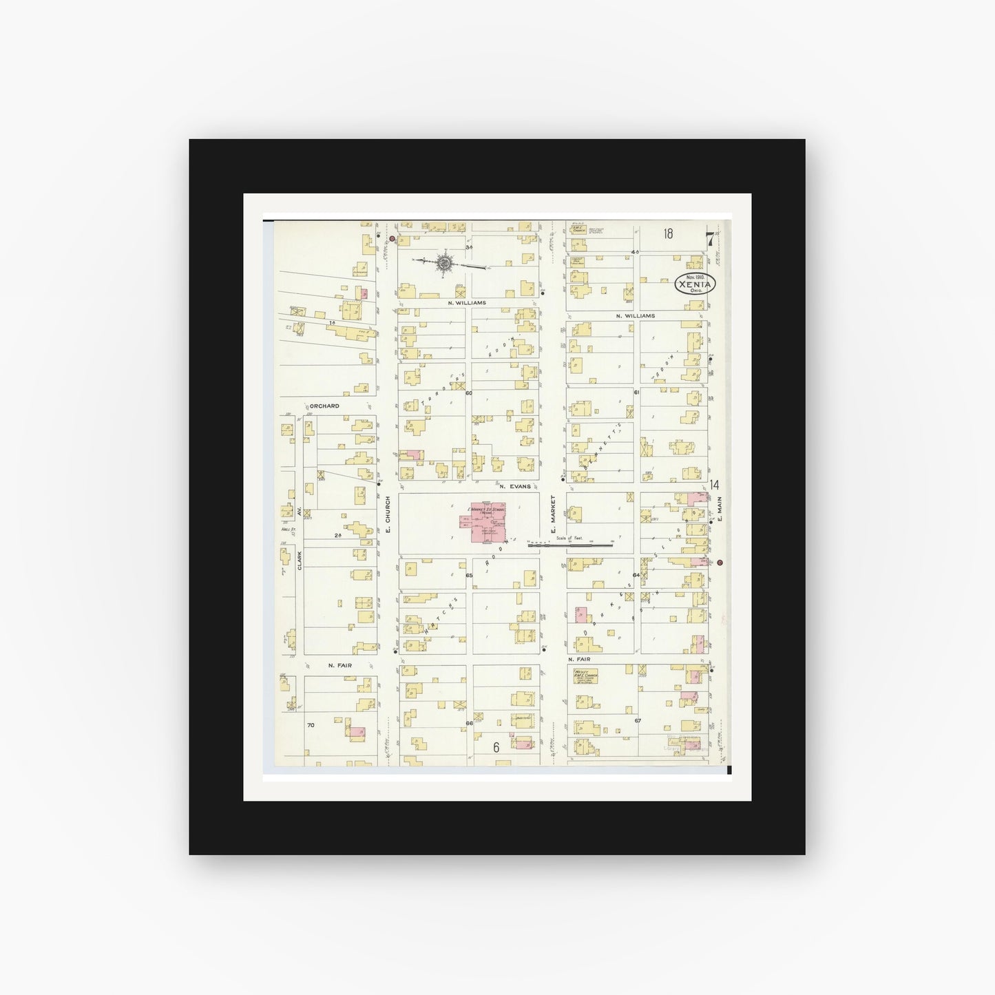 Old map wall art mockup — black gallery frame with white mat — Sanborn Fire Insurance Map from Xenia, Greene County, Ohio (1910), Sheet #0007