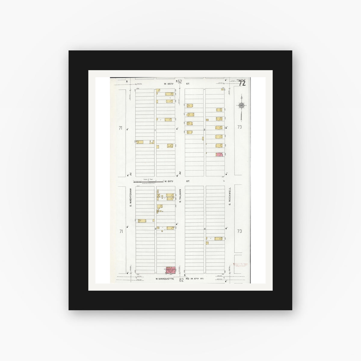 Old map wall art mockup — black gallery frame with white mat — Sanborn Fire Insurance Map from Chicago, Cook County, Illinois (1920), Sheet #0072