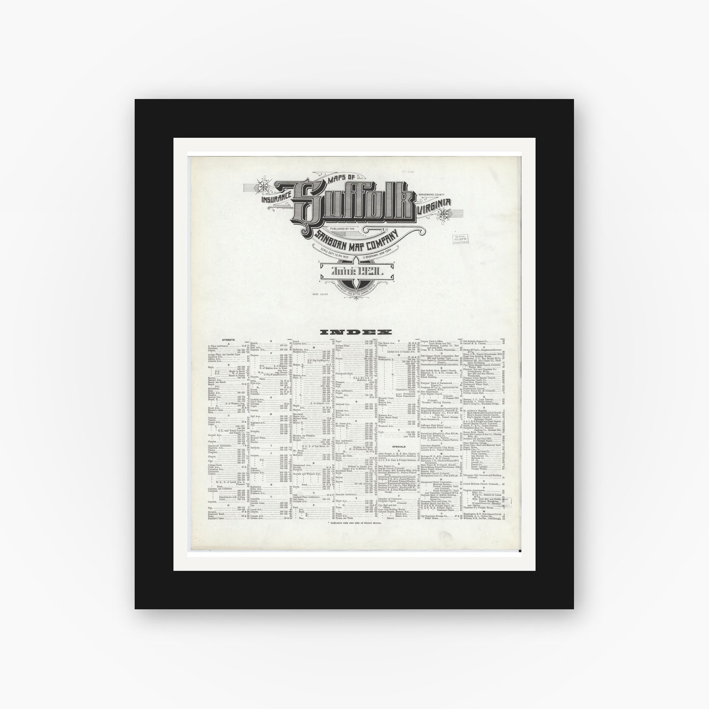 Old map wall art mockup — black gallery frame with white mat — Sanborn Fire Insurance Map from Suffolk, Independent Cities, Virginia (1921), Sheet #0001