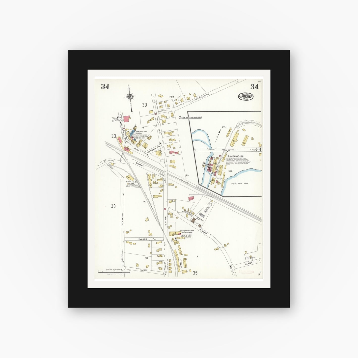 Old map wall art mockup — black gallery frame with white mat — Sanborn Fire Insurance Map from Gardner, Worcester County, Massachusetts (1923), Sheet #0034