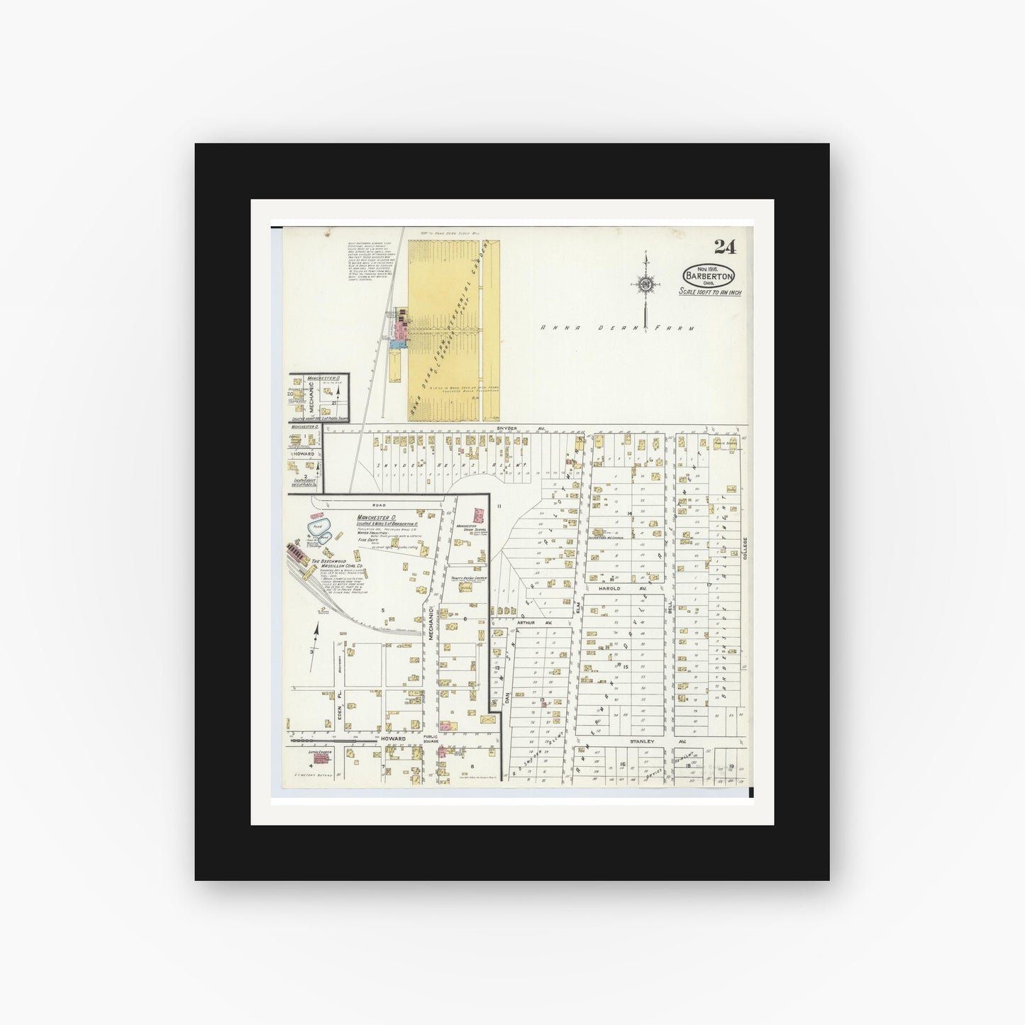 Old map wall art mockup — black gallery frame with white mat — Sanborn Fire Insurance Map from Barberton, Summit County, Ohio (1916), Sheet #0024