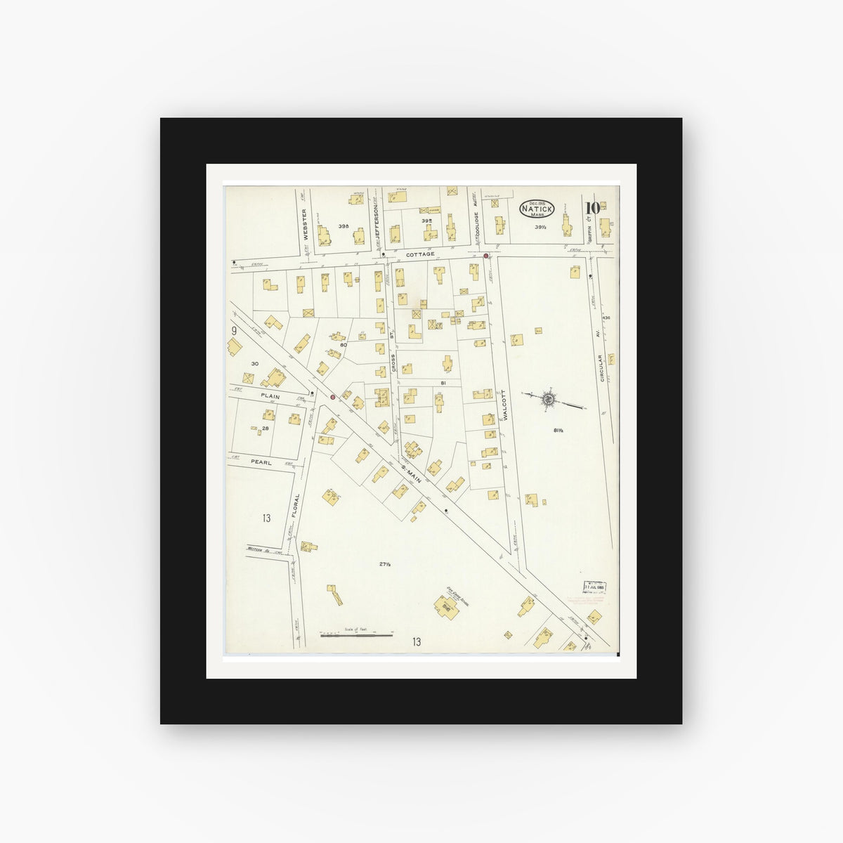 Old map wall art mockup — black gallery frame with white mat — Sanborn Fire Insurance Map from Natick, Middlesex County, Massachusetts (1915), Sheet #0010