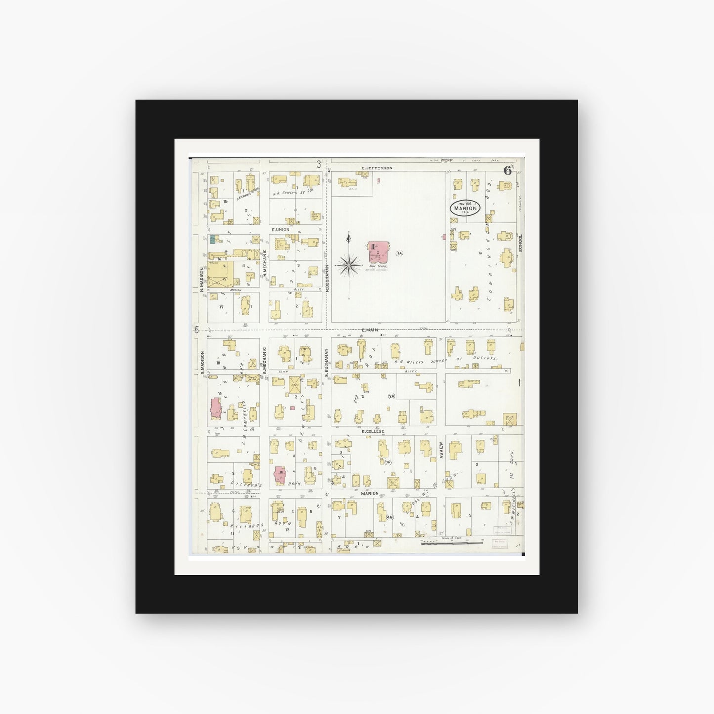 Old map wall art mockup — black gallery frame with white mat — Sanborn Fire Insurance Map from Marion, Williamson County, Illinois (1906), Sheet #0006