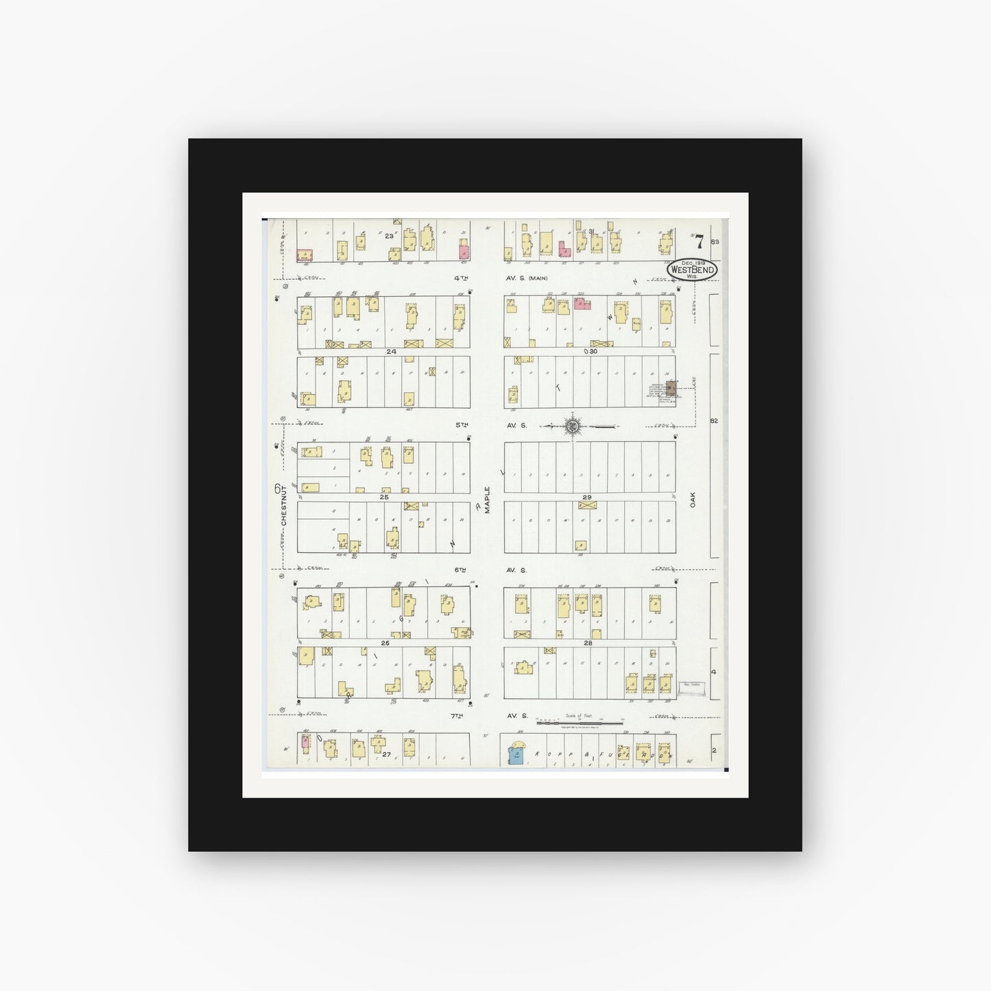 Old map wall art mockup — black gallery frame with white mat — Sanborn Fire Insurance Map from West Bend, Washington County, Wisconsin (1919), Sheet #0007