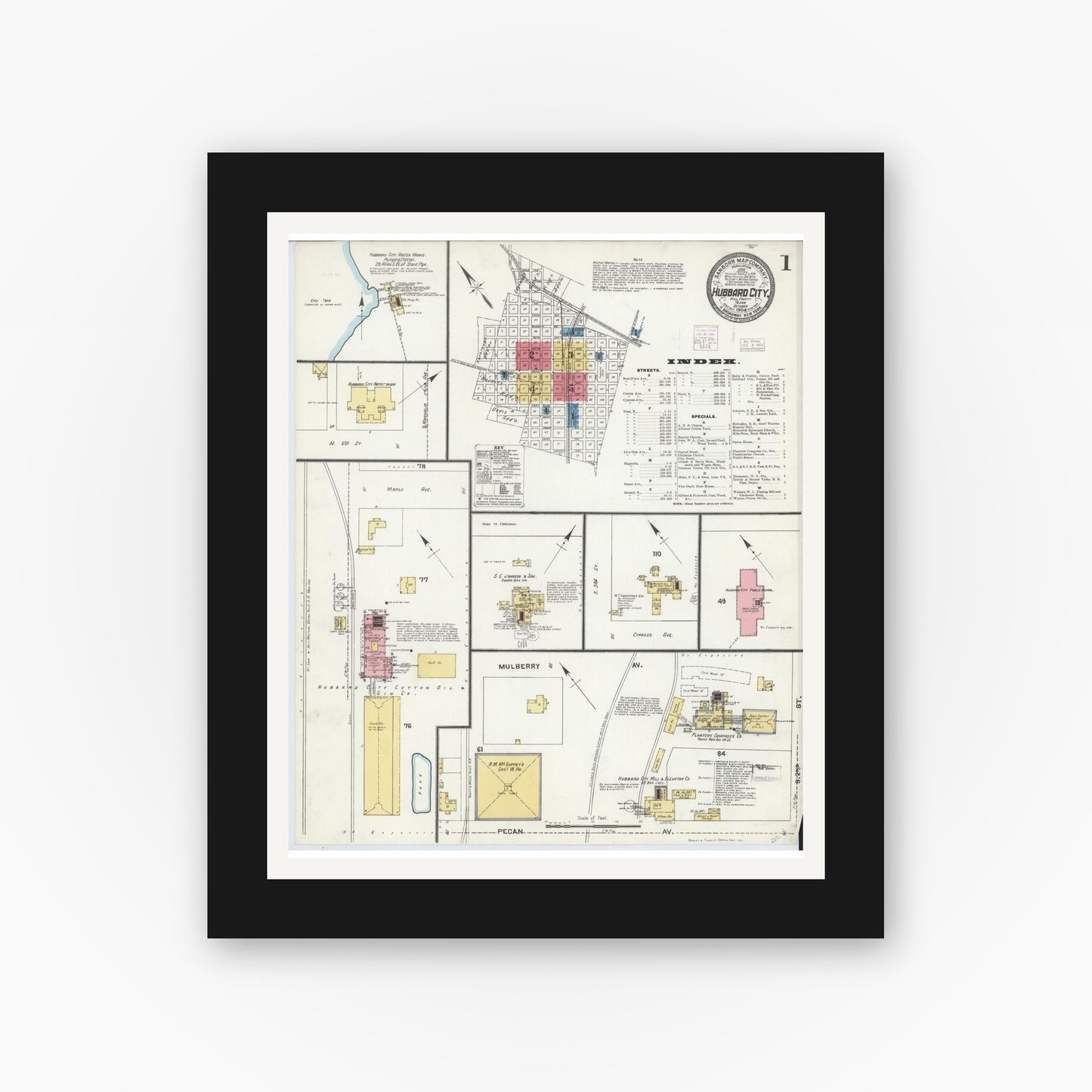 Old map wall art mockup — black gallery frame with white mat — Sanborn Fire Insurance Map from Hubbard, Hill County, Texas (1904), Sheet #0001