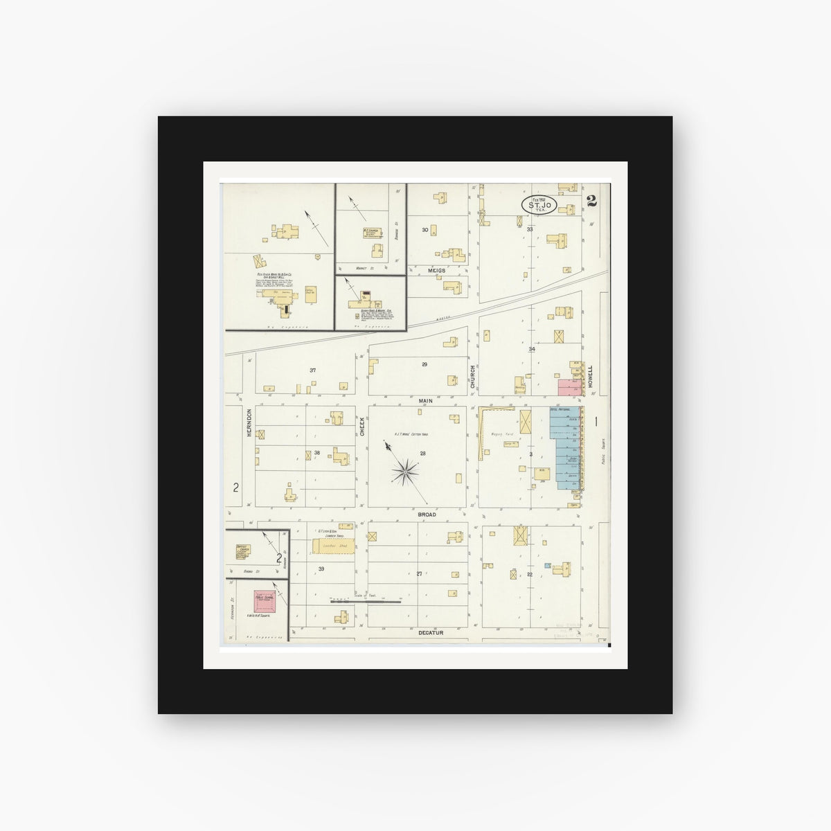 Old map wall art mockup — black gallery frame with white mat — Sanborn Fire Insurance Map from Saint Jo, Montague County, Texas (1902), Sheet #0002