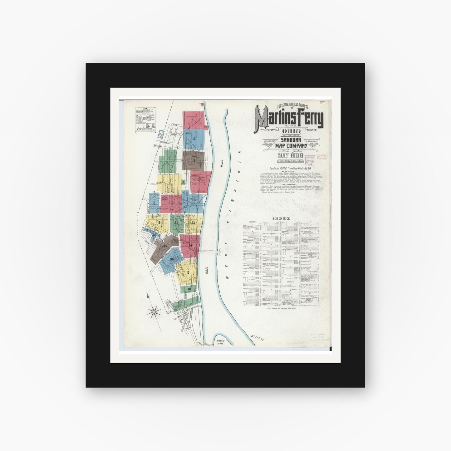 Old map wall art mockup — black gallery frame with white mat — Sanborn Fire Insurance Map from Martins Ferry, Belmont County, Ohio (1908), Sheet #0001