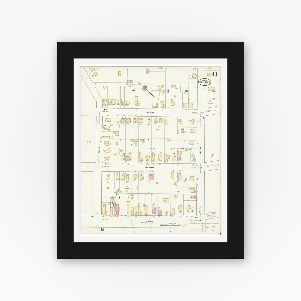 Old map wall art mockup — black gallery frame with white mat — Sanborn Fire Insurance Map from Waterloo, Seneca County, New York (1911), Sheet #0011