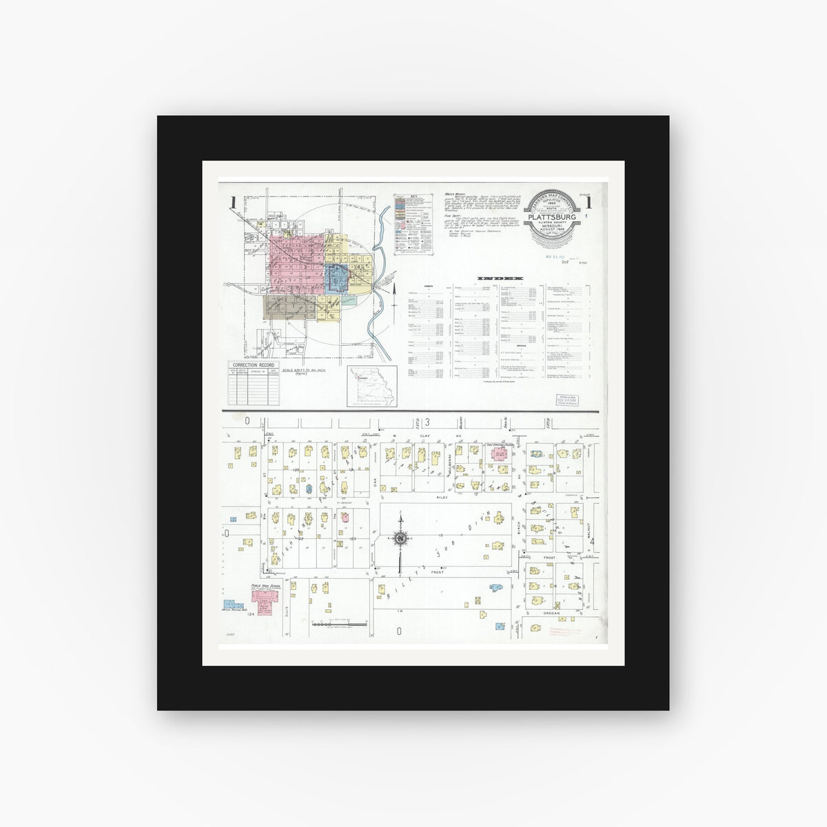Old map wall art mockup — black gallery frame with white mat — Sanborn Fire Insurance Map from Plattsburg, Clinton County, Missouri (1949), Sheet #0001