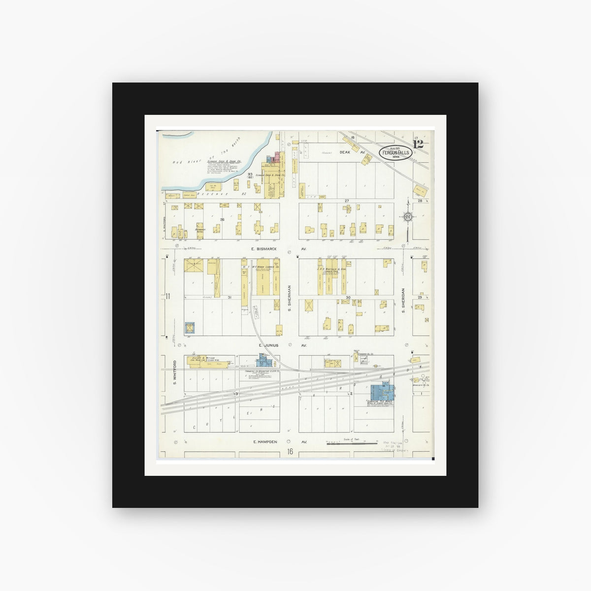 Old map wall art mockup — black gallery frame with white mat — Sanborn Fire Insurance Map from Fergus Falls, Otter Tail County, Minnesota (1915), Sheet #0012
