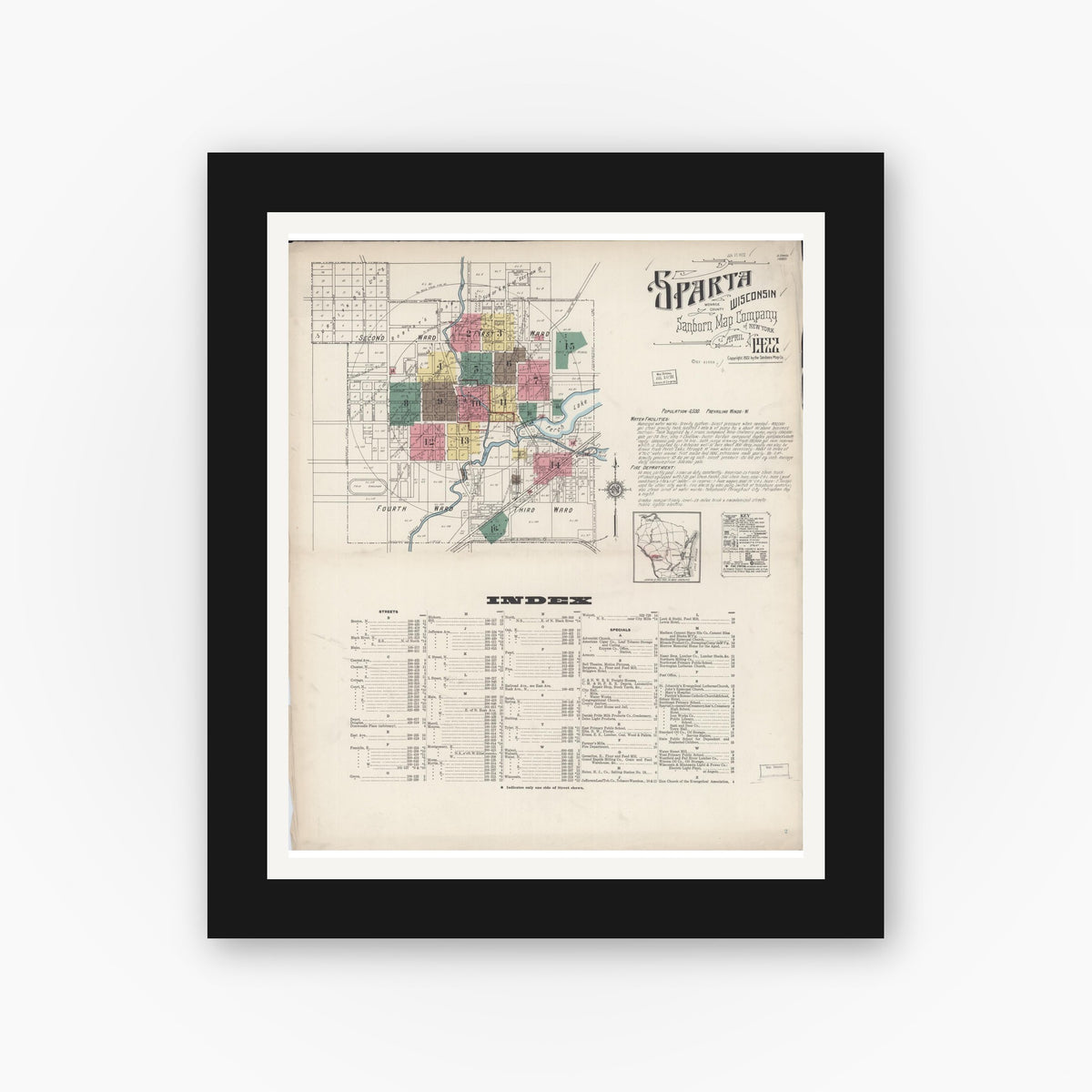 Old map wall art mockup — black gallery frame with white mat — Sanborn Fire Insurance Map from Sparta, Monroe County, Wisconsin (1922) - Complete Map Set