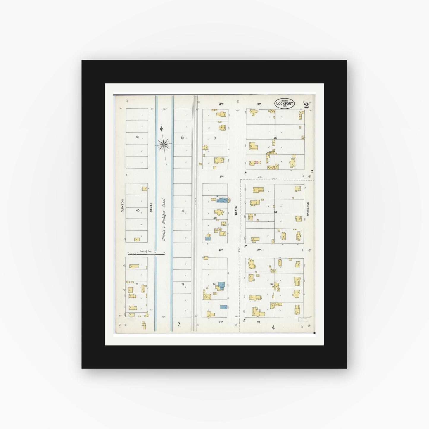 Old map wall art mockup — black gallery frame with white mat — Sanborn Fire Insurance Map from Lockport, Will County, Illinois (1902), Sheet #0002