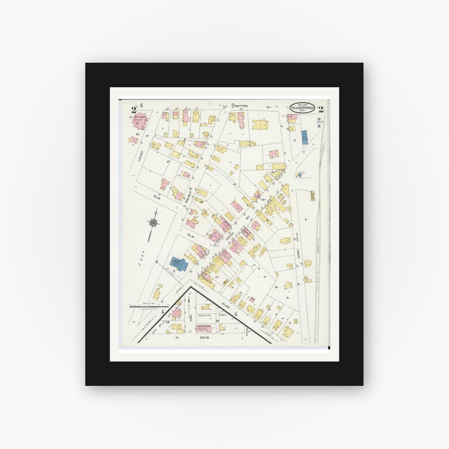 Old map wall art mockup — black gallery frame with white mat — Sanborn Fire Insurance Map from Yellow Springs, Greene County, Ohio (1924), Sheet #0002