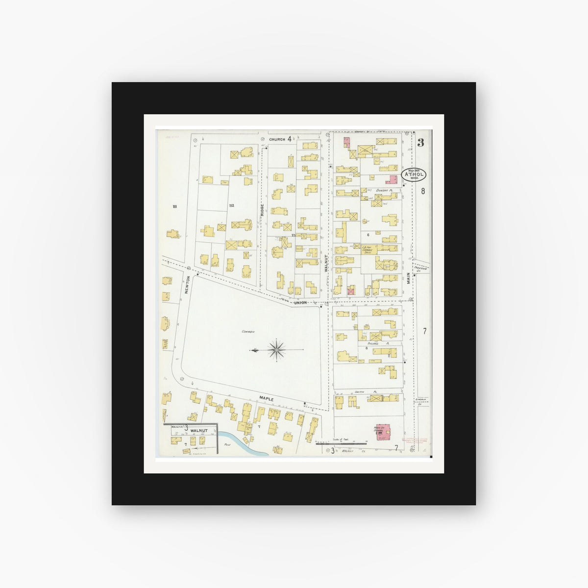 Old map wall art mockup — black gallery frame with white mat — Sanborn Fire Insurance Map from Athol, Worcester County, Massachusetts (1905), Sheet #0003