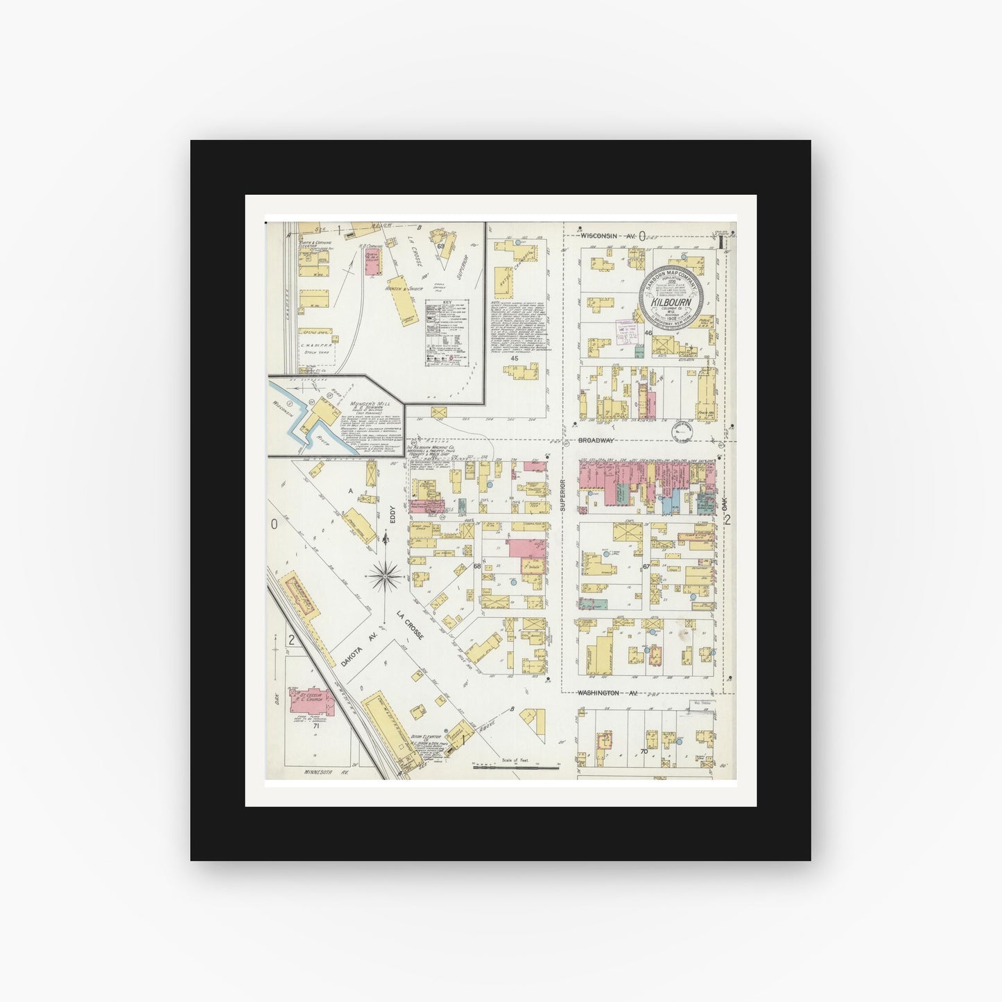 Old map wall art mockup — black gallery frame with white mat — Sanborn Fire Insurance Map from Kilbourn, Columbia County, Wisconsin (1902) - Complete Map Set