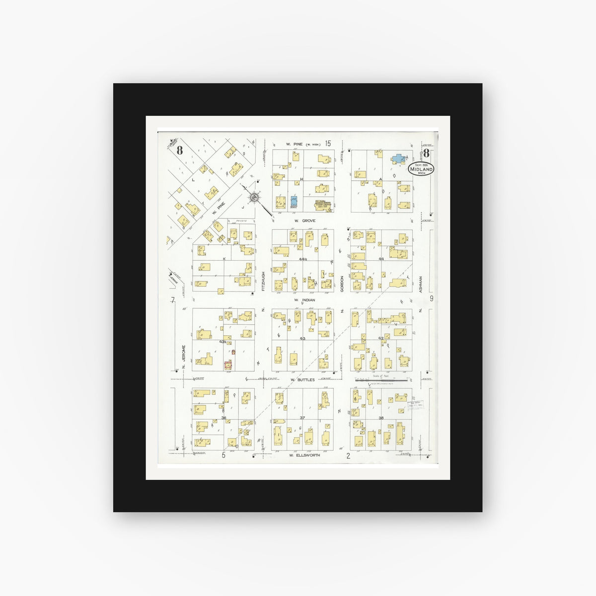 Old map wall art mockup — black gallery frame with white mat — Sanborn Fire Insurance Map from Midland, Midland County, Michigan (1926), Sheet #0008
