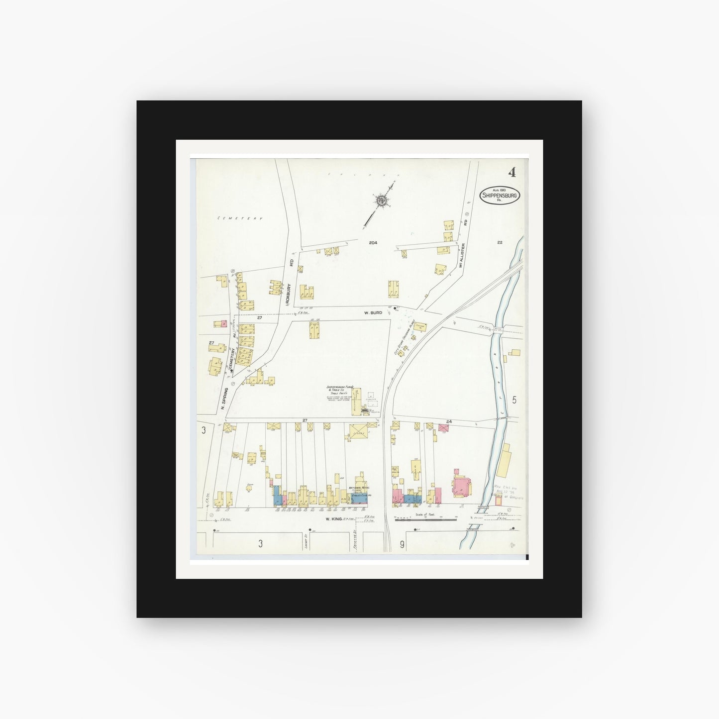 Old map wall art mockup — black gallery frame with white mat — Sanborn Fire Insurance Map from Shippensburg, Cumberland And Franklin Counties, Pennsylvania (1910), Sheet #0004